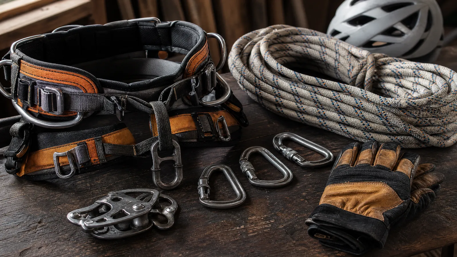 Klettergurt, Seil, Karabiner, Umlenkrolle und Handschuhe auf einer Werkbank