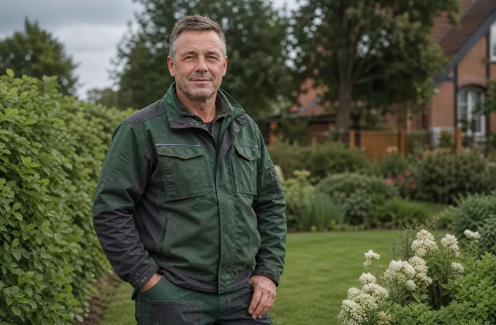 Max Mustermann in Arbeitskleidung vor einer Hecke im Garten