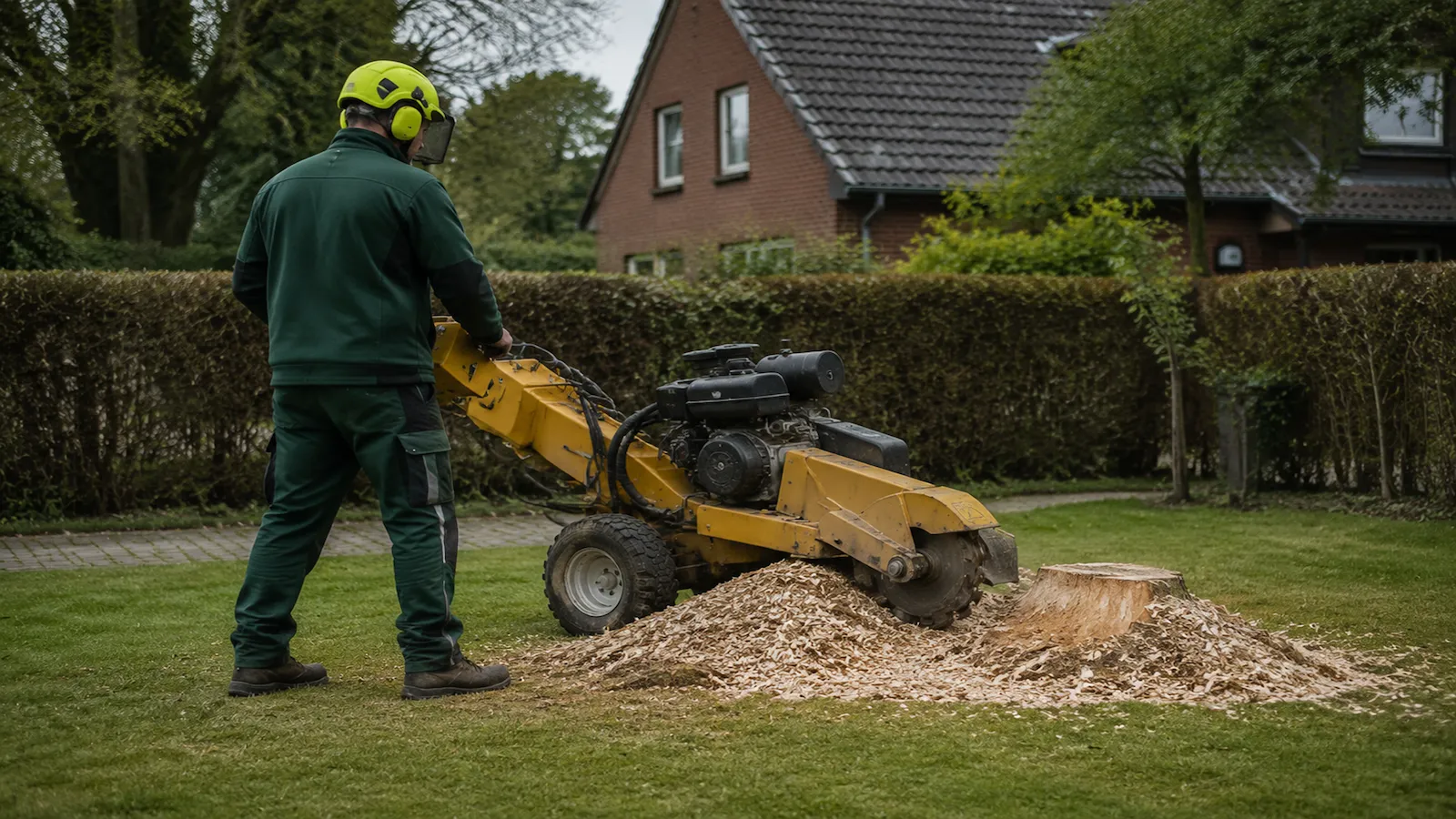 Stubbenfräse an einem frisch gefällten Baumstumpf, Spänehaufen daneben